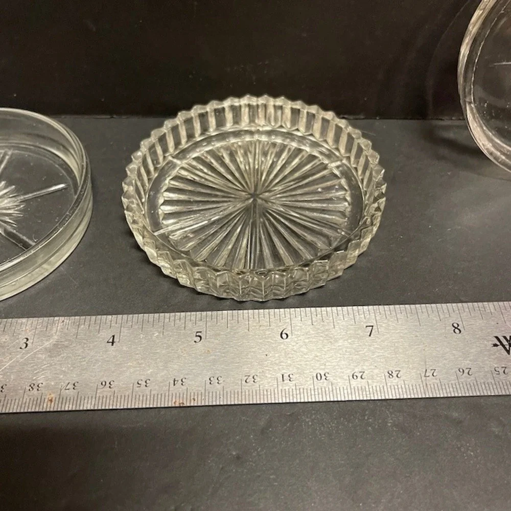 Vintage Pressed Glass Coaster Set of 3 Starburst Sunburst Clear Round Barware